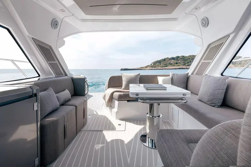  Yacht Photos Pics Luxurious interior of 2018 Azimut Atlantis 51 yacht with ocean view.