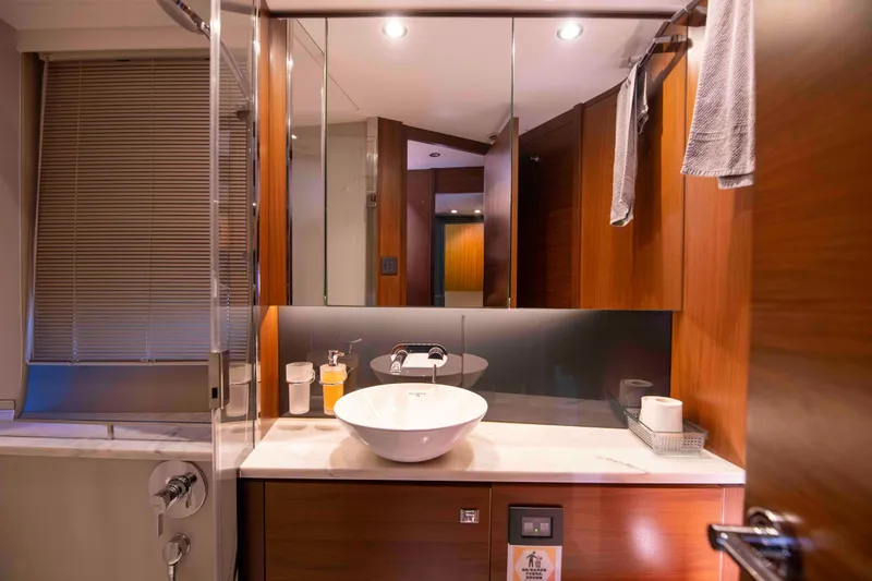  Yacht Photos Pics Luxurious bathroom interior on a 2017 Princess 52 yacht, featuring modern fixtures and wood accents.