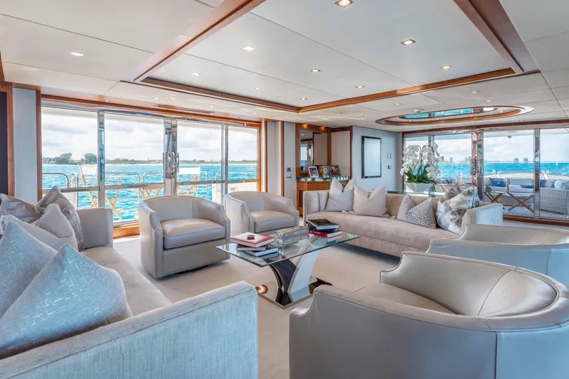 About Time Yacht Photos Pics Luxurious interior of 2010 Sunseeker 40 Metre Yacht with elegant seating and ocean view.