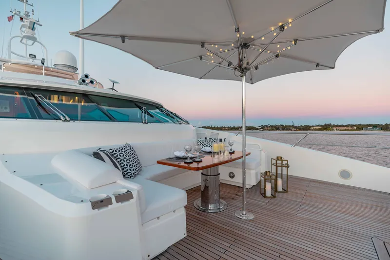 About Time Yacht Photos Pics Luxurious Sunseeker 40 Metre Yacht deck with elegant seating and ambient lighting, 2010 model.