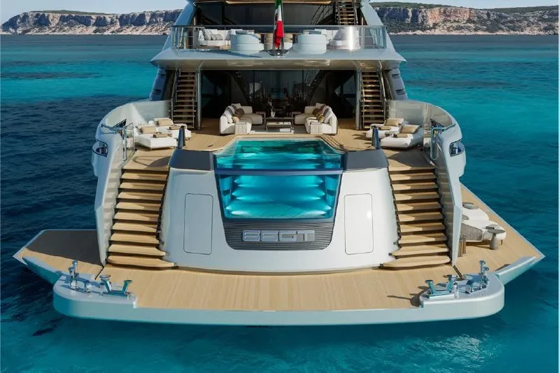  Yacht Photos Pics Luxurious ISA Gran Turismo 66 yacht, 2027 model, featuring a stunning pool and elegant design.