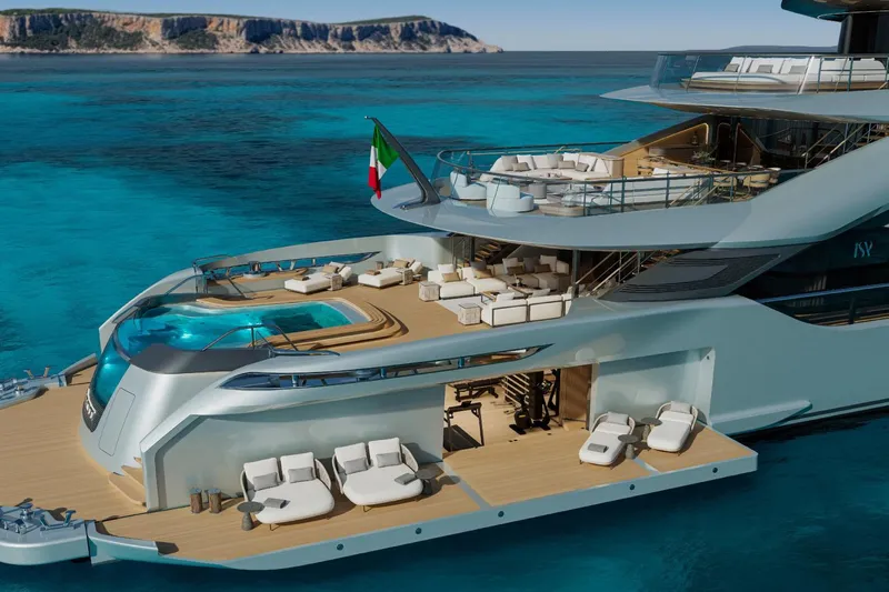  Yacht Photos Pics Luxurious 2027 ISA Gran Turismo 66 yacht with pool, lounging areas, and stunning ocean backdrop.