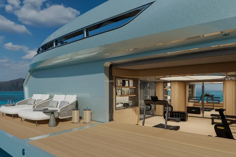  Yacht Photos Pics Luxurious ISA Gran Turismo 66 yacht, 2027 model, featuring a modern deck and gym.