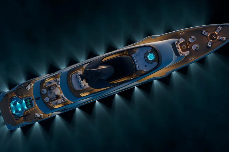  Yacht Photos Pics Top view of 2027 ISA Gran Turismo 66 yacht illuminated at night.