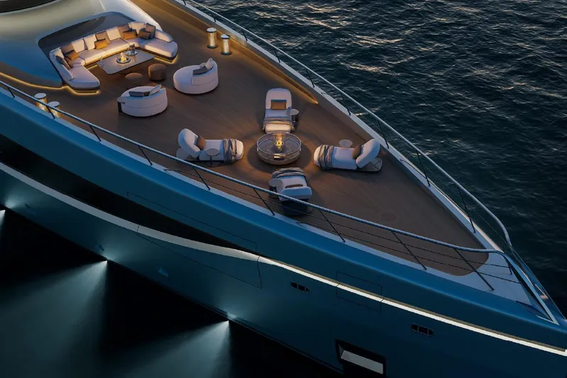  Yacht Photos Pics Luxurious 2027 ISA Gran Turismo 66 yacht with elegant deck seating at sunset.