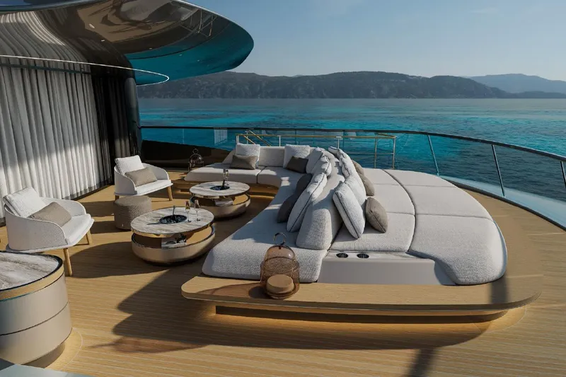  Yacht Photos Pics Luxurious deck of 2027 ISA Gran Turismo 66 yacht with elegant seating and ocean view.