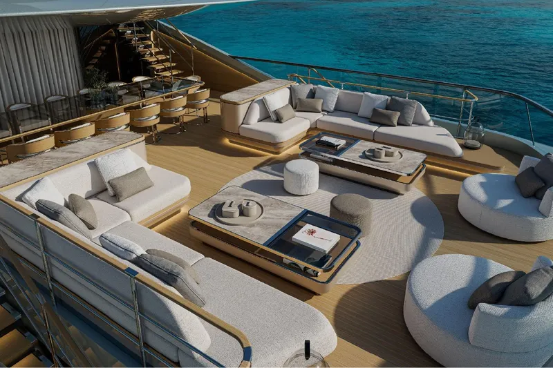  Yacht Photos Pics Luxurious deck of 2027 ISA Gran Turismo 66 yacht with elegant seating and ocean view.
