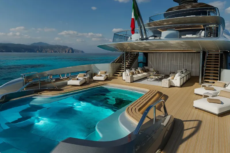  Yacht Photos Pics Luxurious 2027 ISA Gran Turismo 66 yacht with pool and elegant deck seating.