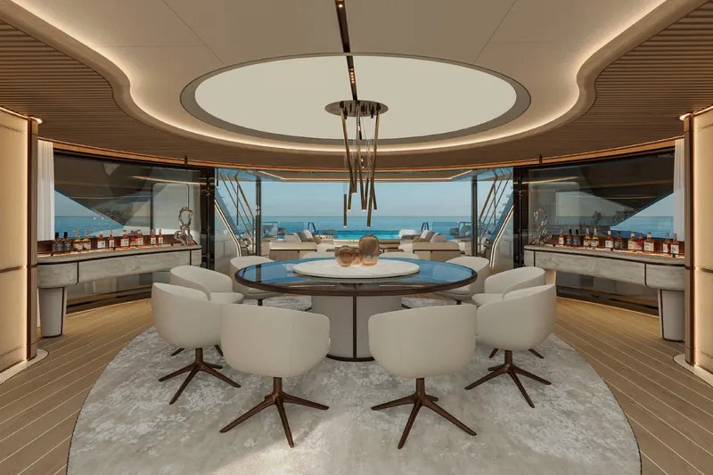  Yacht Photos Pics Luxurious interior of 2027 ISA Gran Turismo 66 yacht with elegant seating and ocean view.