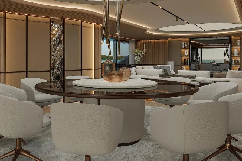  Yacht Photos Pics Luxurious interior of 2027 ISA Gran Turismo 66 yacht with elegant seating and modern decor.