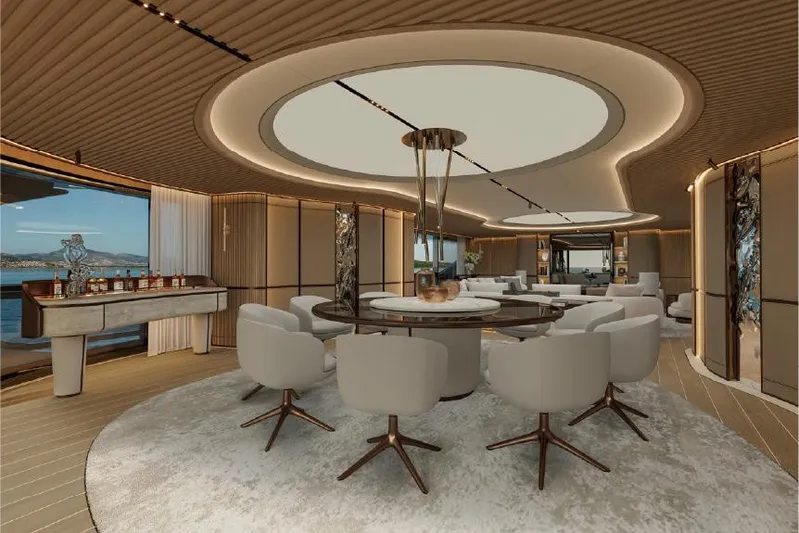  Yacht Photos Pics Luxurious interior of 2027 ISA Gran Turismo 66 yacht with elegant seating and modern design.