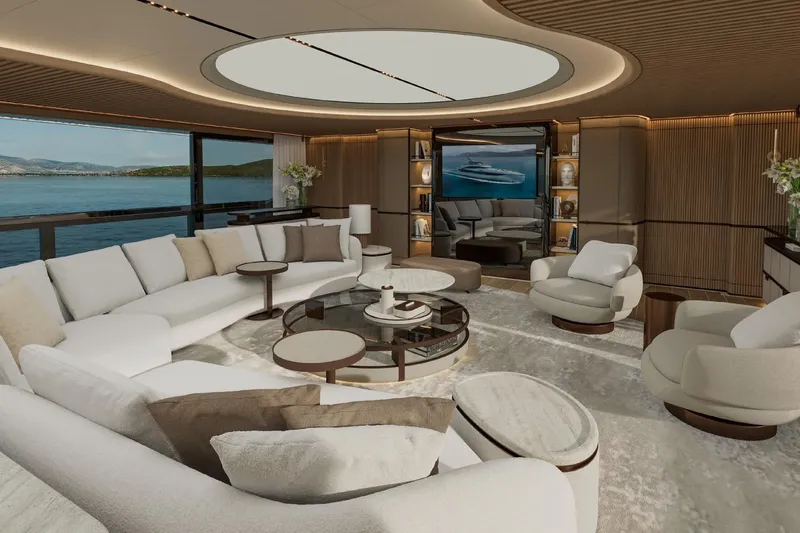  Yacht Photos Pics Luxurious interior of 2027 ISA Gran Turismo 66 yacht with elegant seating and panoramic ocean views.