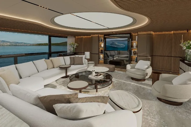  Yacht Photos Pics Luxurious interior of 2027 ISA Gran Turismo 66 yacht with elegant seating and panoramic views.