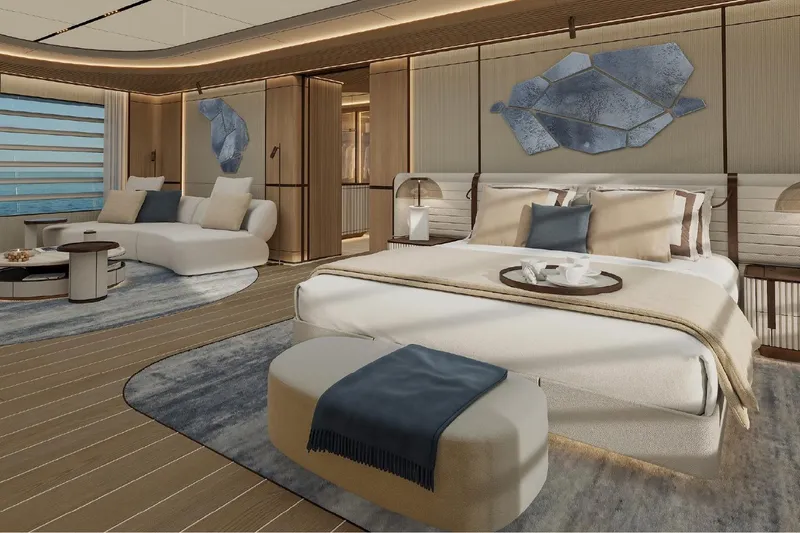  Yacht Photos Pics Luxurious bedroom interior of 2027 ISA Gran Turismo 66 yacht, featuring elegant decor and modern furnishings.