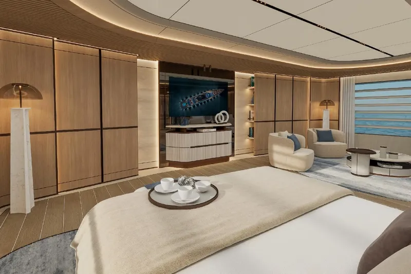  Yacht Photos Pics Luxurious interior of 2027 ISA Gran Turismo 66 yacht with modern furnishings and ocean view.