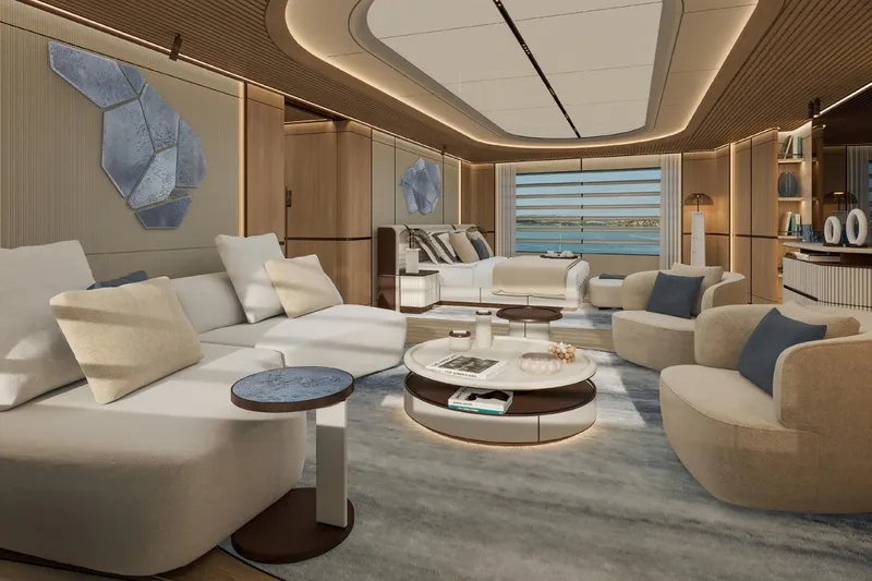  Yacht Photos Pics Luxurious interior of 2027 ISA Gran Turismo 66 yacht, featuring modern design and ocean view.