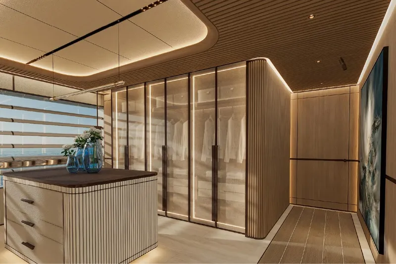  Yacht Photos Pics Luxurious yacht interior with modern wood design, featuring elegant lighting and ocean view. ISA Gran Turismo 66, 2027.