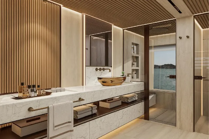  Yacht Photos Pics Luxurious yacht bathroom with marble sink, wooden accents, and ocean view on ISA Gran Turismo 66, 2027.