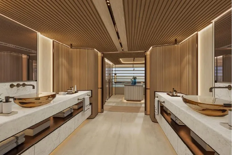  Yacht Photos Pics Luxurious bathroom interior on ISA Gran Turismo 66 yacht, 2027 model, featuring elegant design elements.