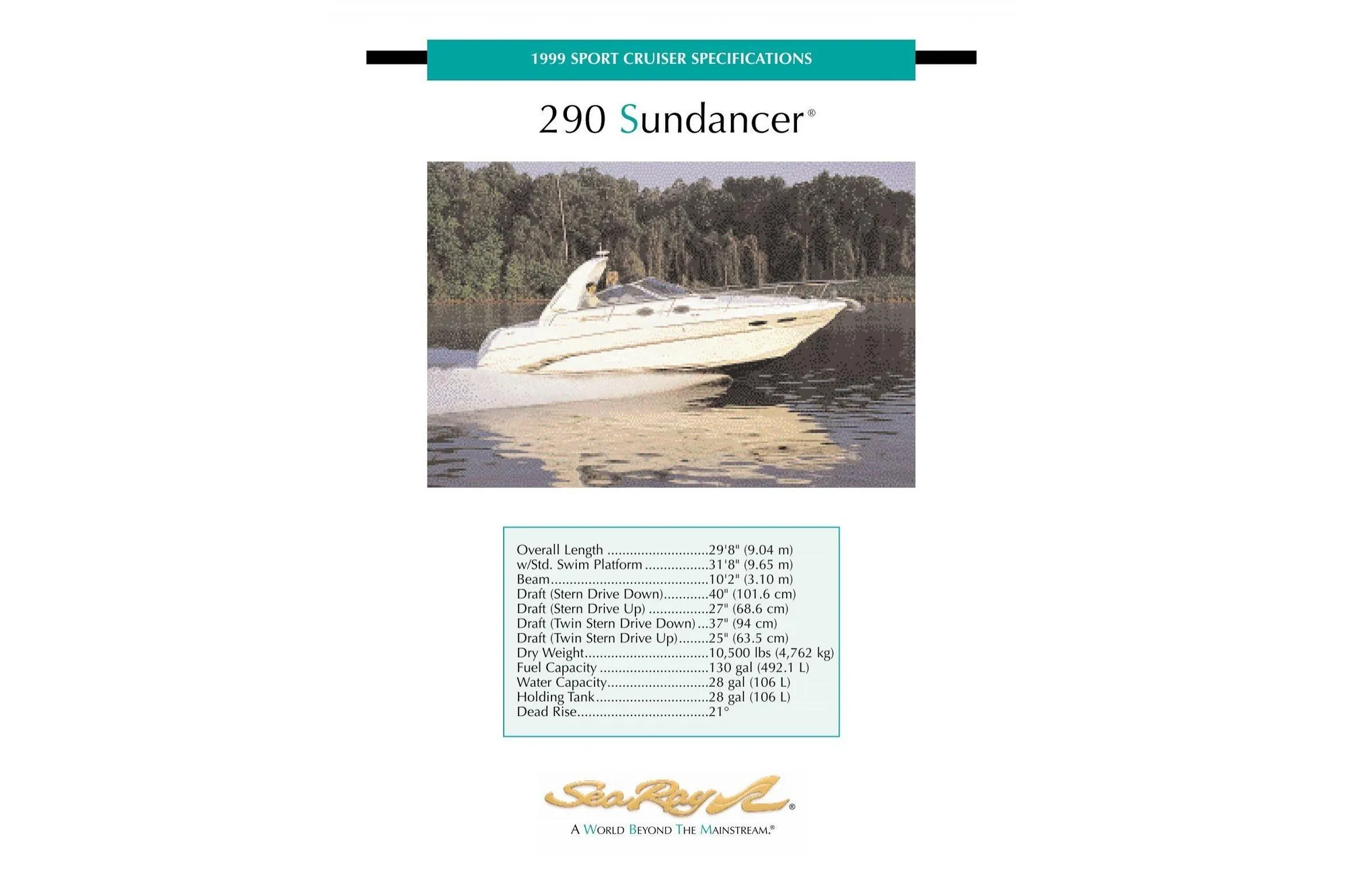1999 Sea Ray 290 Sundancer boat cruising on a calm lake with specifications listed.
