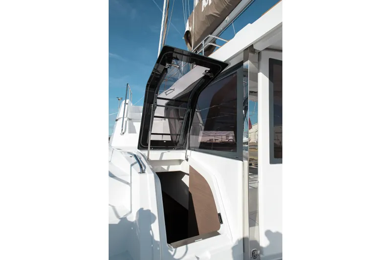 Azure Yacht Photos Pics Modern Bali 4.8 yacht entrance with open door, showcasing sleek design, 2025 model.