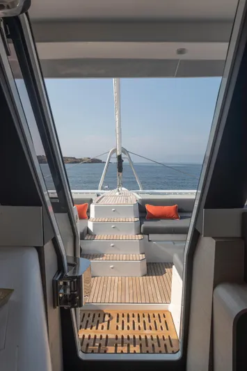 Tbd Yacht Photos Pics 2022 Fountaine Pajot Samana 59 yacht interior with ocean view and teak deck.