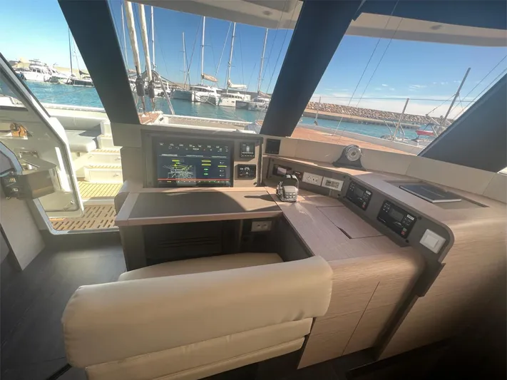 Tbd Yacht Photos Pics Luxurious interior of 2022 Fountaine Pajot Samana 59 yacht with modern navigation equipment.