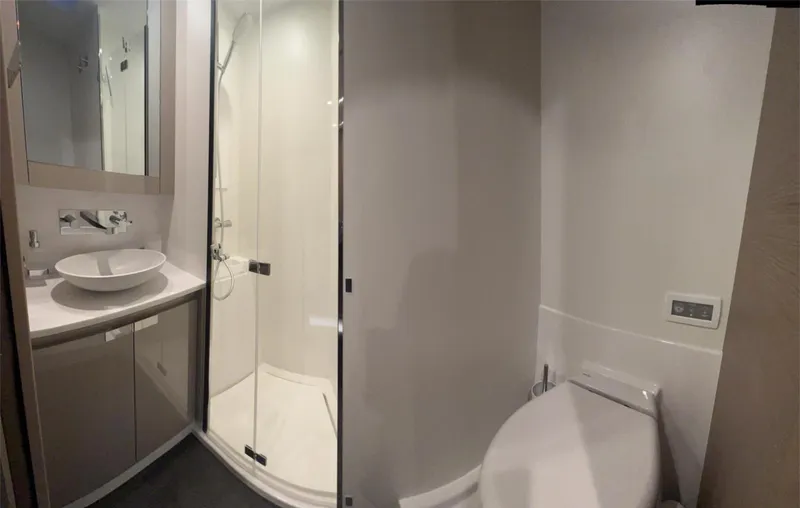 Tbd Yacht Photos Pics Modern bathroom in 2022 Fountaine Pajot Samana 59 yacht with shower and sink.