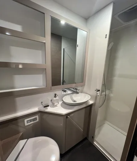 Tbd Yacht Photos Pics Modern bathroom in 2022 Fountaine Pajot Samana 59 yacht with shower and vanity.