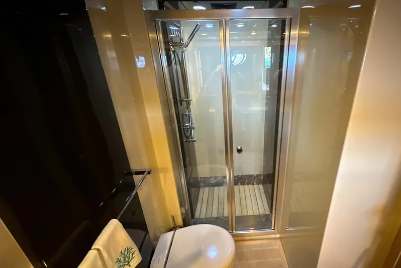  Yacht Photos Pics Luxurious bathroom in 2010 Azimut 70 yacht with modern shower and toilet.