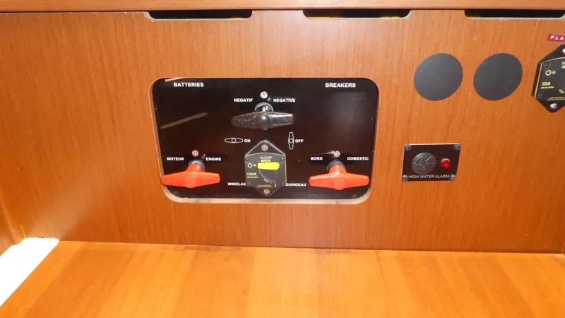  Yacht Photos Pics Control panel of a 2014 Beneteau Oceanis 41 sailboat, featuring battery and breaker switches.