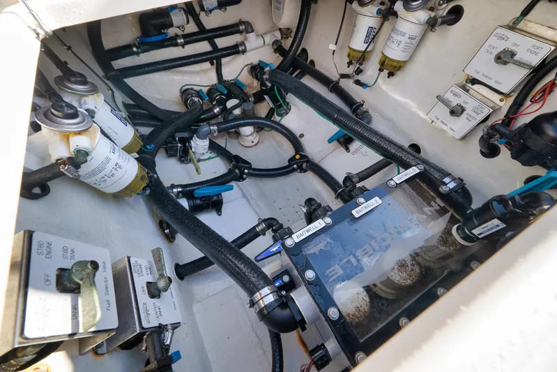 Yacht Photos Pics Engine compartment of 2022 Invincible 39 Open Fisherman with fuel and water systems.