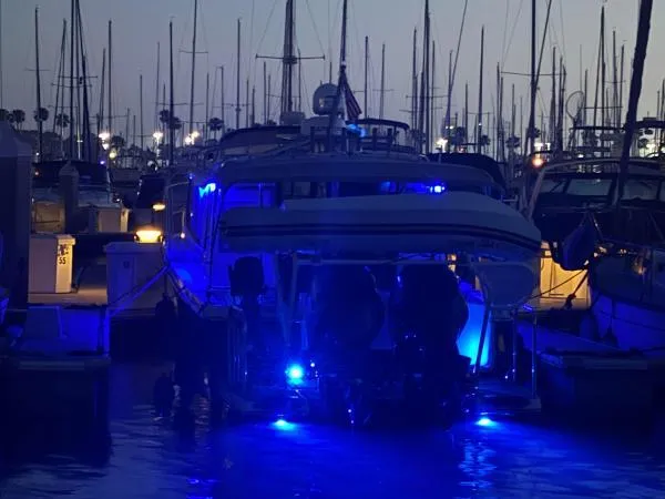  Yacht Photos Pics 2024 Cutwater C-32 C boat docked at night with blue LED lights.
