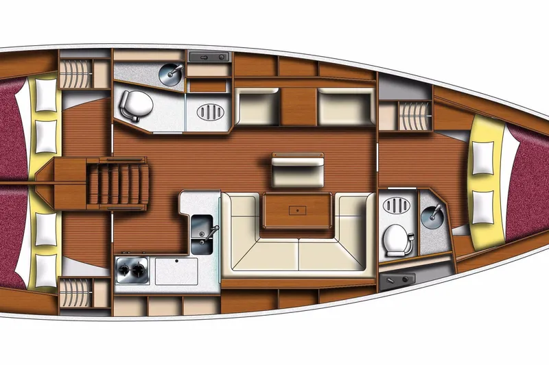  Yacht Photos Pics Floor plan of a 2015 Jeanneau Sun Odyssey 409 sailboat, featuring cabins and amenities.