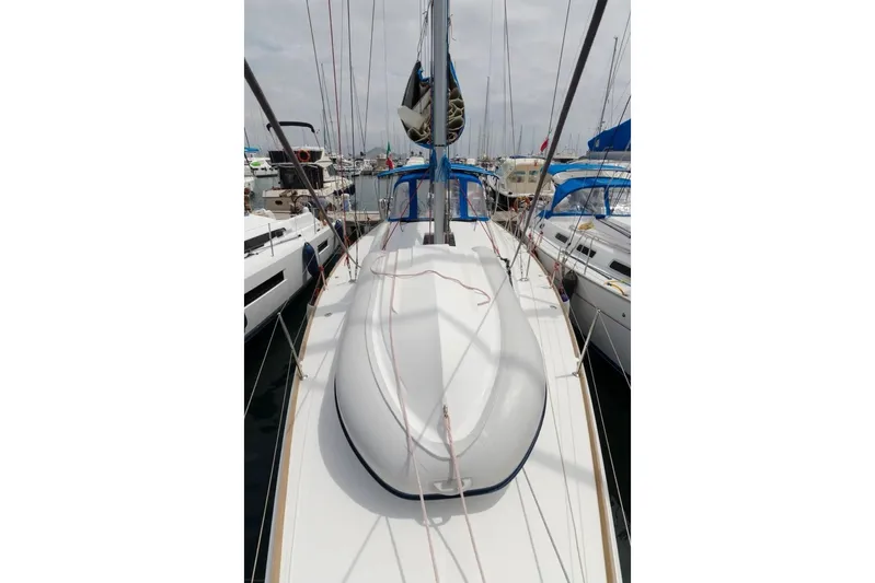  Yacht Photos Pics 2015 Jeanneau Sun Odyssey 409 sailboat docked in a marina, view from the deck.