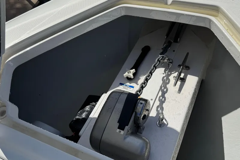  Yacht Photos Pics Anchor compartment of 2023 SeaVee 340Z boat with chain and winch system.