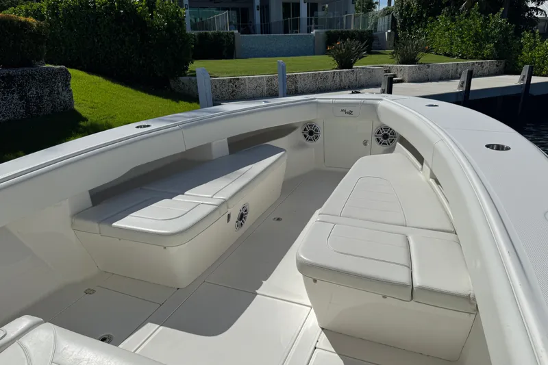  Yacht Photos Pics 2023 SeaVee 340Z boat interior with white seating and modern design.