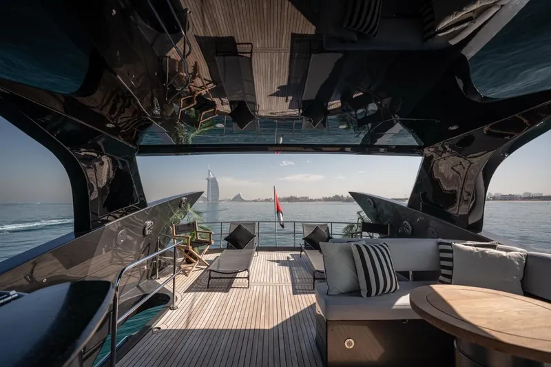 The Matrix Yacht Photos Pics Luxurious 2007 Sunseeker 82 Yacht deck with modern seating and ocean view.