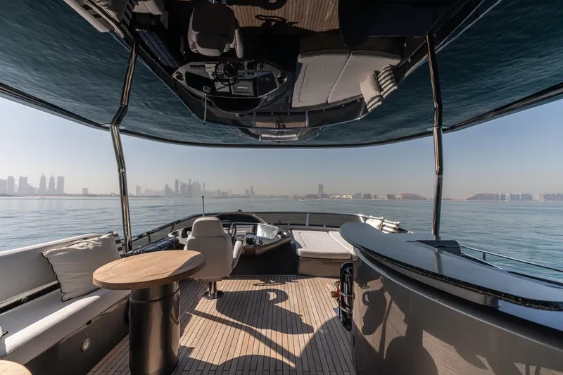 The Matrix Yacht Photos Pics Luxurious 2007 Sunseeker 82 Yacht interior with ocean view and city skyline.