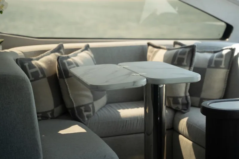 The Matrix Yacht Photos Pics Luxurious Sunseeker 82 Yacht 2007 interior with elegant seating and stylish cushions.