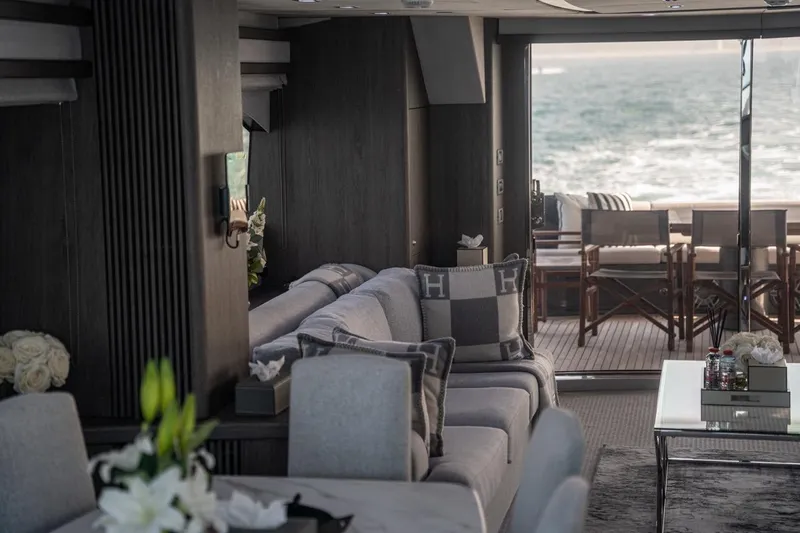 The Matrix Yacht Photos Pics Luxurious interior of 2007 Sunseeker 82 Yacht with elegant seating and ocean view.