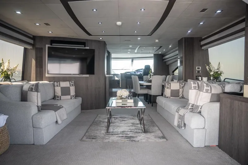 The Matrix Yacht Photos Pics Luxurious interior of a 2007 Sunseeker 82 Yacht with elegant seating and modern decor.