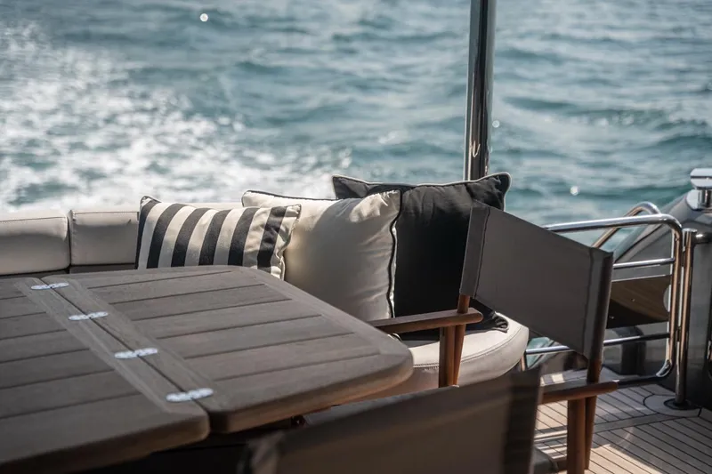 The Matrix Yacht Photos Pics Luxurious seating area on a 2007 Sunseeker 82 Yacht with ocean view.