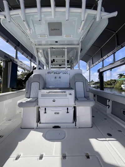  Yacht Photos Pics 2021 Sea Fox 368 Commander boat interior with seating and storage, featuring modern design elements.