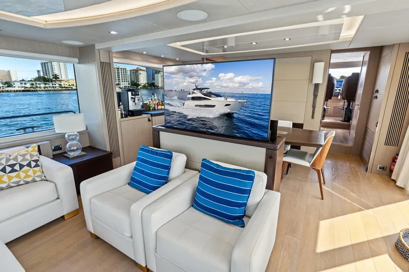 Aqua Vista Yacht Photos Pics Luxurious interior of 2019 Sunseeker 86 Yacht with modern decor and waterfront view.