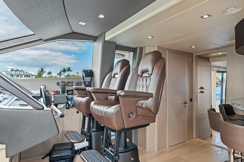 Aqua Vista Yacht Photos Pics Luxurious interior of 2019 Sunseeker 86 Yacht with plush captain's chairs and modern controls.