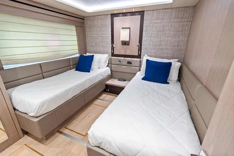 Aqua Vista Yacht Photos Pics Luxurious twin cabin interior on 2019 Sunseeker 86 Yacht with modern decor.