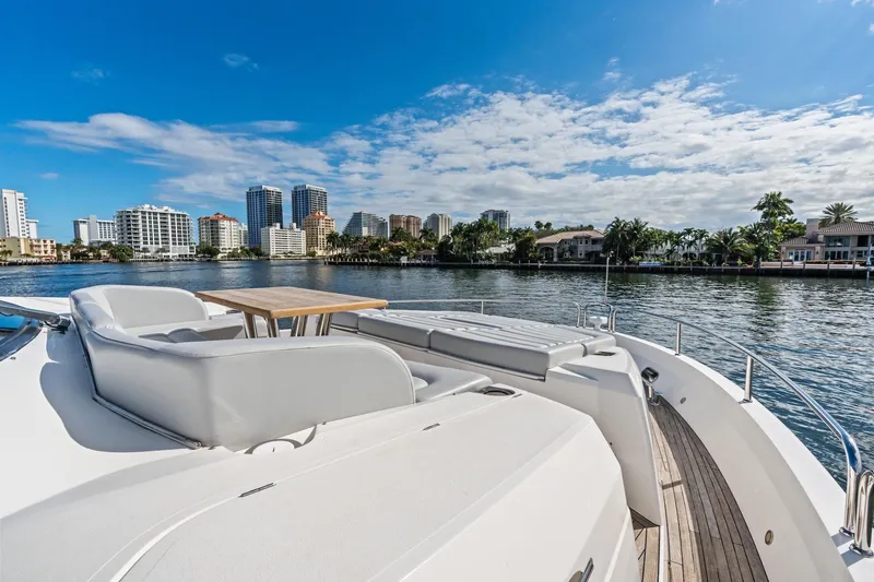 Aqua Vista Yacht Photos Pics Luxurious 2019 Sunseeker 86 Yacht deck with city skyline and waterfront views.