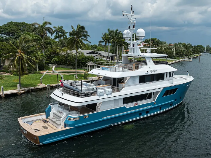 Uptight Yacht Photos Pics Luxury yacht Cantiere Delle Marche Darwin 106, 2022 model, cruising in a tropical waterway.
