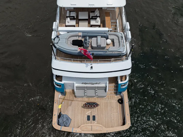 Uptight Yacht Photos Pics Aerial view of 2022 Cantiere Delle Marche Darwin 106 yacht with tender on deck.